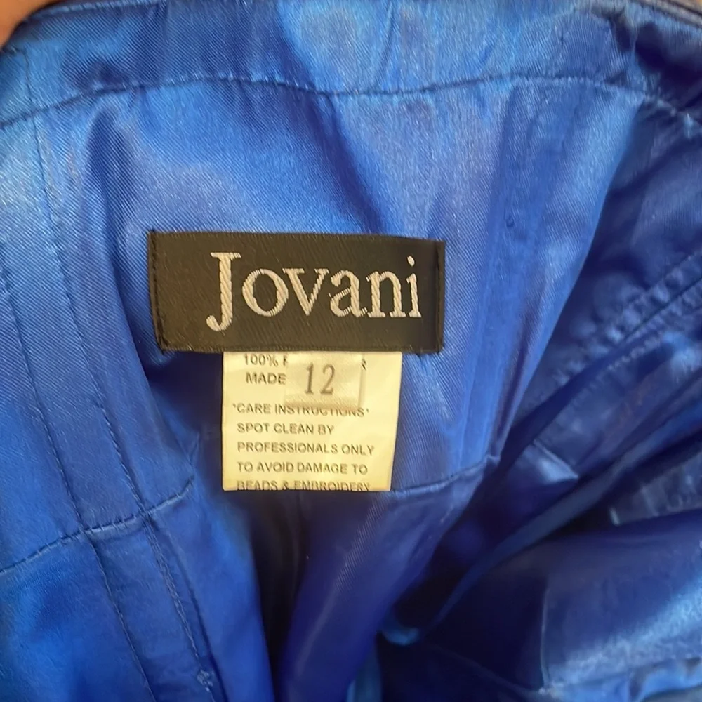 JOVANI satin blue mermaid evening gown with one shoulder embellished bow detail - Picture 5 of 5